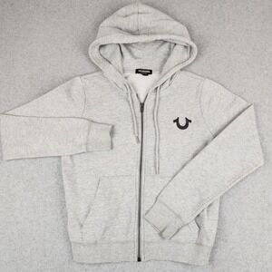 True Religion Womens Zip Up Hoodie Gray Graphic Back Horseshoe Logo Size Small